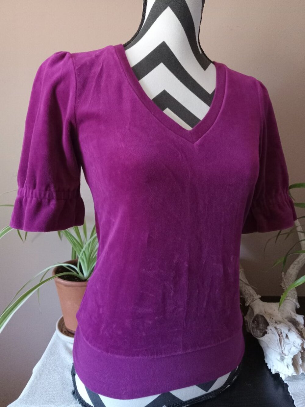 Fucshia Velour Puff Sleeve Top